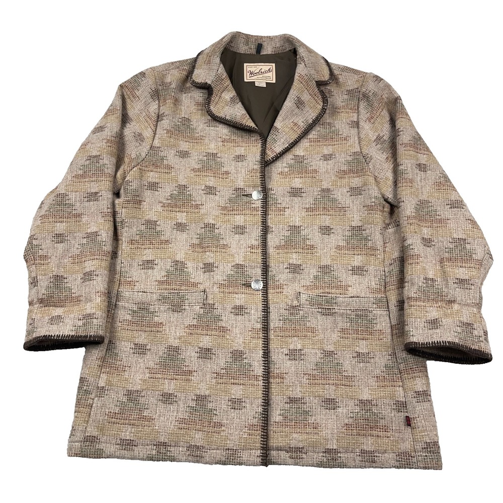 Vintage Woolrich Jacket Women Large Brown Southwest Aztec Woven Blanket Coat 90s